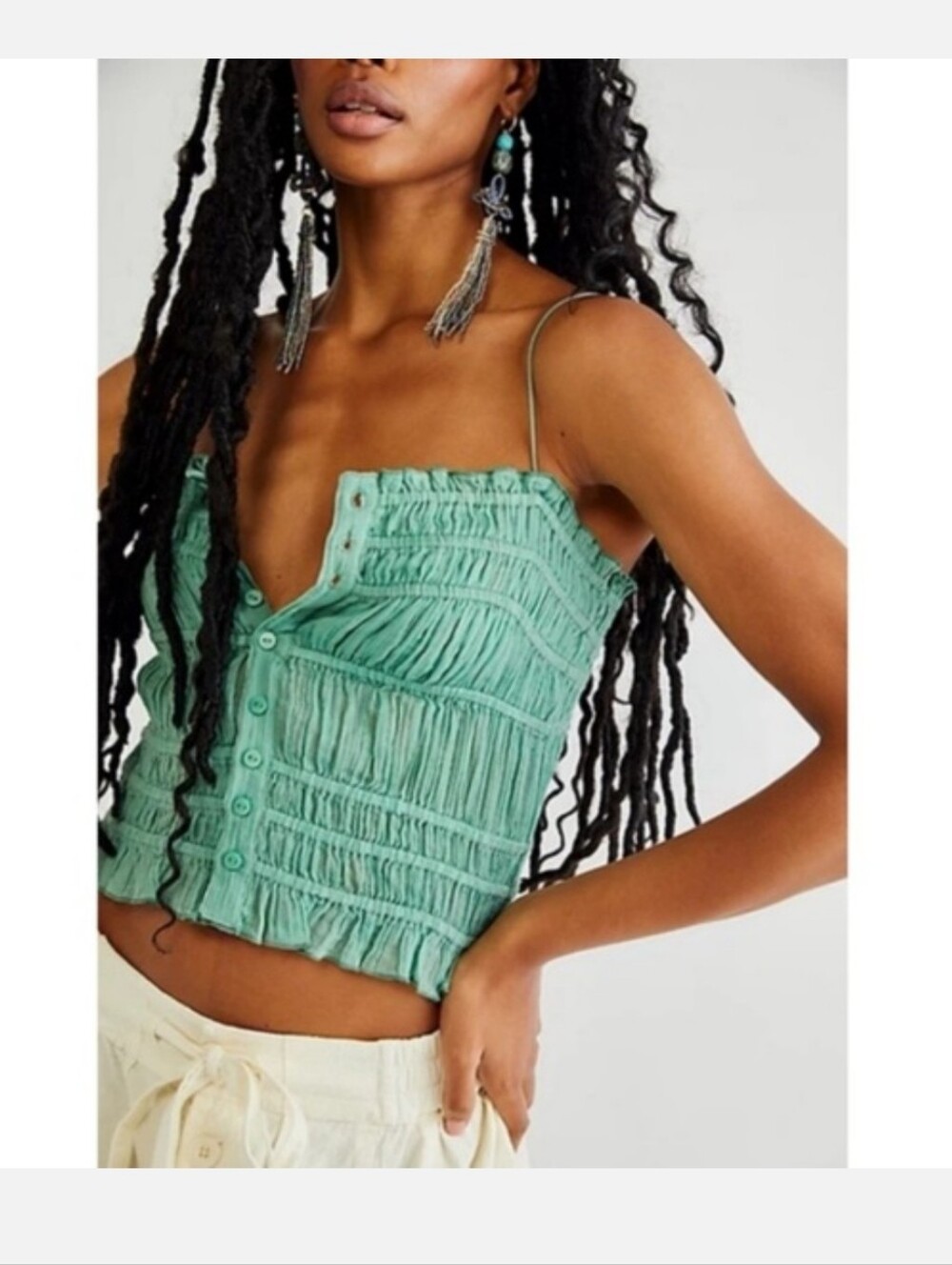 FREE PEOPLE Meridian Corset Top Green Buttondown Smocked Top NWT MEDIUM